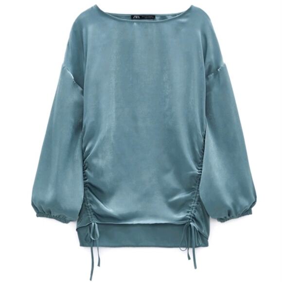 ZARA • Blue Green Satin Drawstring Long Sleeve Gypsy Blouse Top - Picture 1 of 8